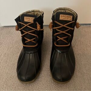 Sperry Black Waterproof Duck Boots with Tan Laces